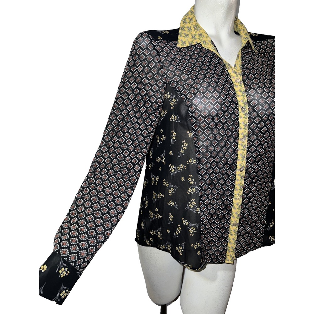 DR2 Womens Small Mixed Print Button Up Blouse Black Yellow Floral Geometric Top - Picture 3 of 10